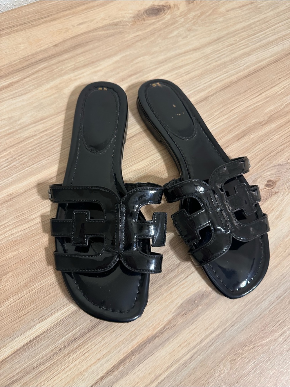 Sam Edelman Black Patent Slide Mules with Decorative Cutout Strap